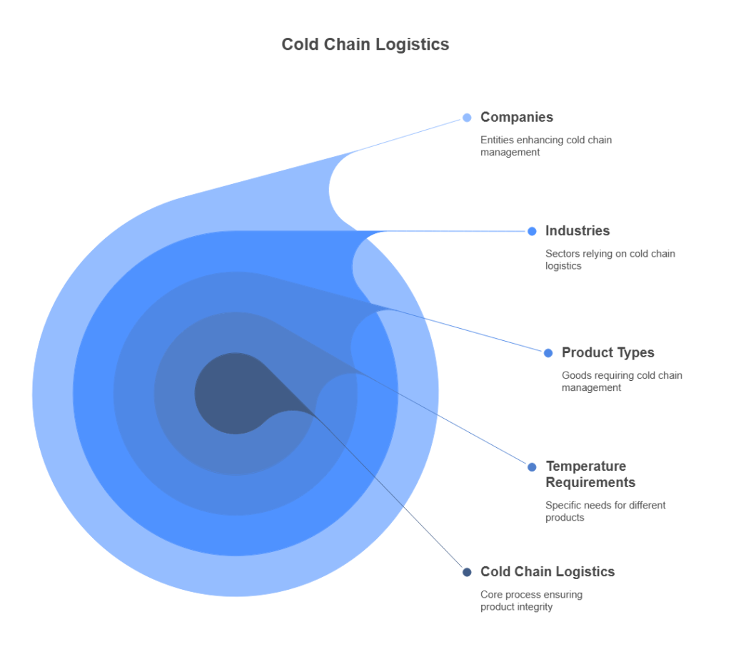 Layered blue concentric diagram illustrating the core elements of cold chain logistics. The innermost layer represents "Cold Chain Logistics" (core process ensuring product integrity), surrounded by layers for "Temperature Requirements" (specific needs for different products), "Product Types" (goods requiring cold chain management), "Industries" (sectors relying on cold chain logistics), and "Companies" (entities enhancing cold chain management), with each element labeled and briefly described.