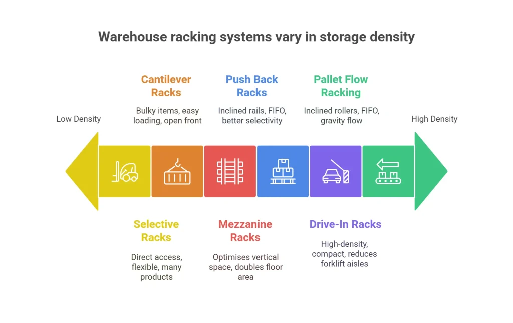 Warehouse racking systems vary in storage density